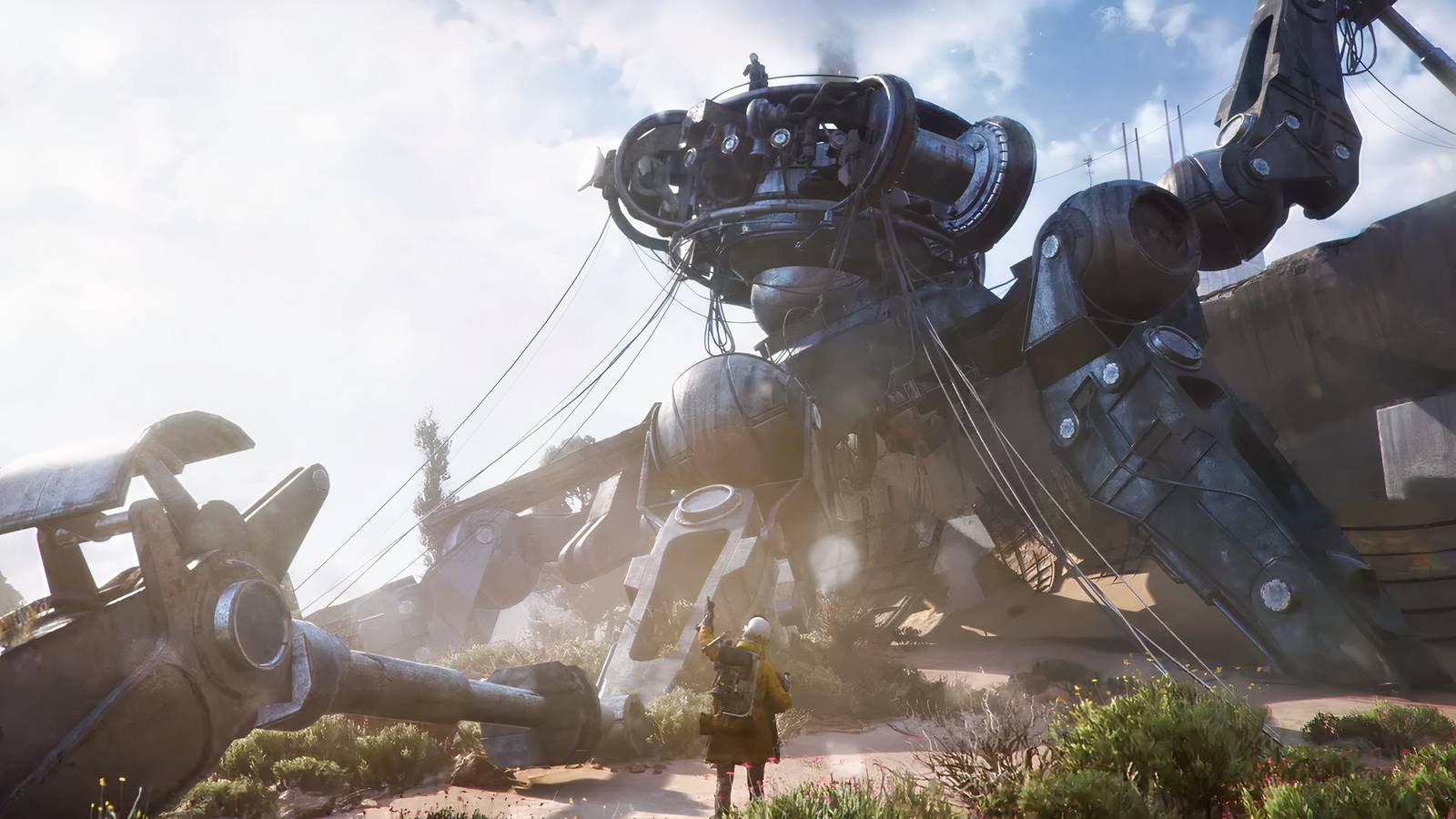 Armored character in yellow jacket before a crashed ARC machine