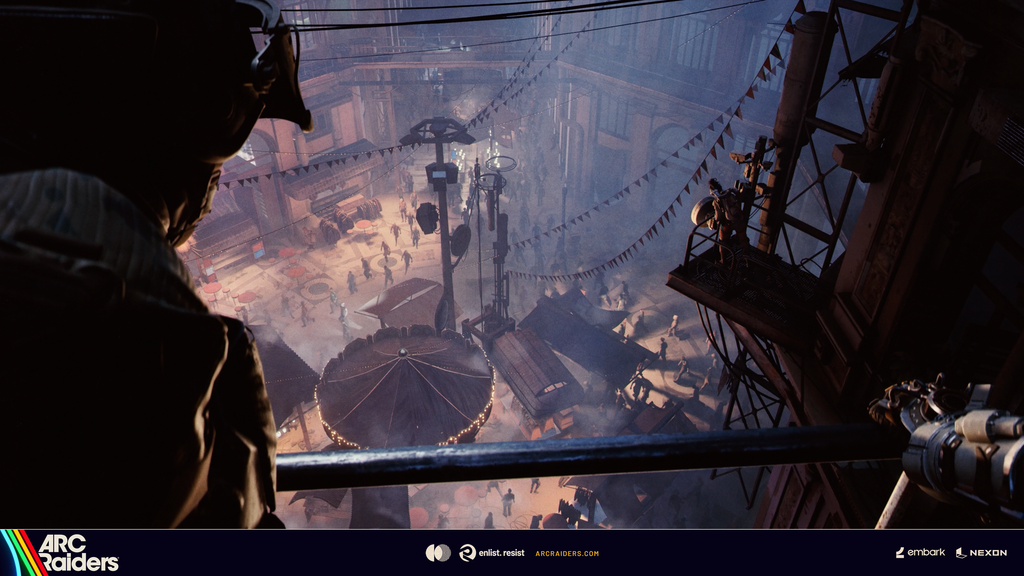 Character overlooking a crowded market hub in Speranza, with Arc Raiders logo