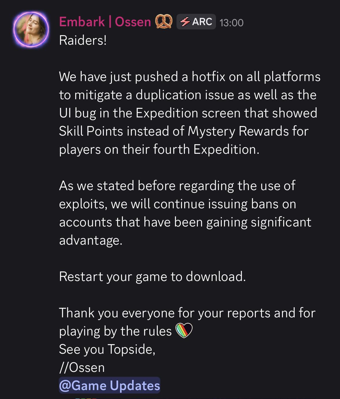 Embark's 'fix' notes, leaving raiders wanting more.